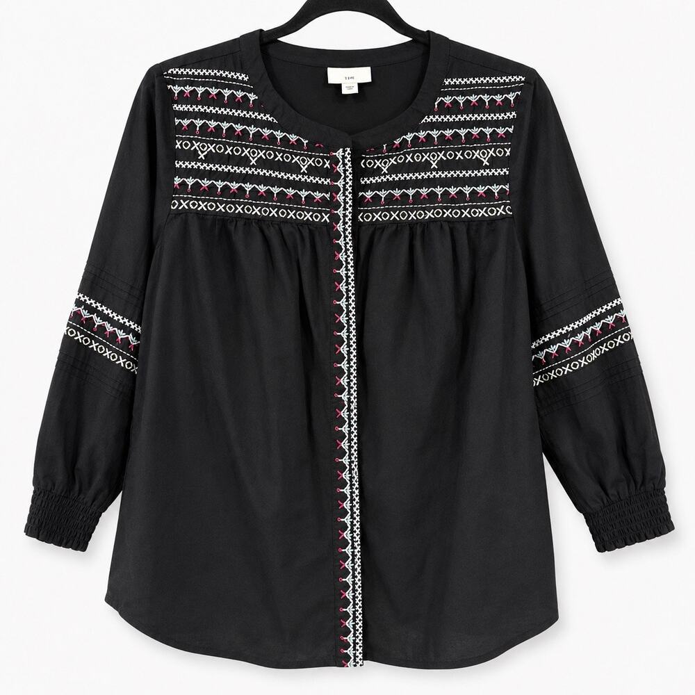 J. Jill Women Extra Small Black Embroidered Boho Peasant Cotton Tunic Blouse